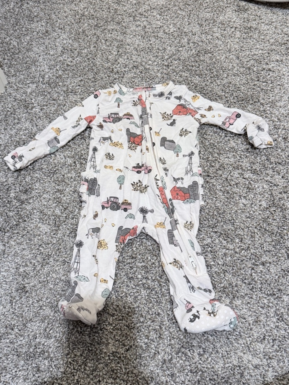 Angel Dear White Footed One-Piece Pajamas with Multicolor Farm Print